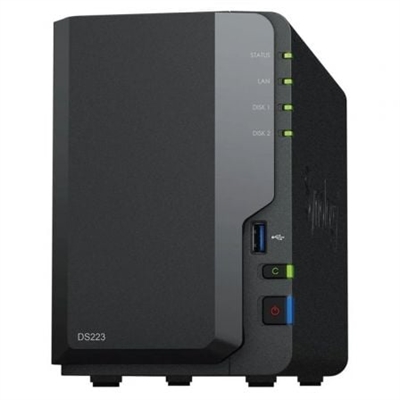 Synology DS223 Synology DiskStation DS223. Tipos de unidades de almacenamiento admitidas: HDD & SSD, Interfaz de unidad de almacenamiento: Serial ATA III, Tamaño de la unidad de almacenamiento: 2.5/3.5. Familia de procesador: Realtek, Fabricante de procesador: Realtek, Modelo del procesador: RTD1619B. Memoria interna: 2 GB, Tipo de memoria interna: DDR4. Protocolos de red compatibles: SMB1 (CIFS), SMB2, SMB3, NFSv3, NFSv4, NFSv4.1, NFS Kerberized sessions, iSCSI, HTTP, HTTPs, FTP,.... Tipo de chasis: Escritorio, Tipo de enfriamiento: Activo, Número de ventiladores: 1 Ventilador(es)