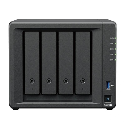 Synology DS423+ Synology DiskStation DS423+. Tipos de unidades de almacenamiento admitidas: HDD & SSD, Interfaces de disco de almacenamiento soportados: SATA, Tamaños de almacenamiento en disco soportados: 2.5,3.5. Familia de procesador: Intel® Celeron®, Fabricante de procesador: Intel, Modelo del procesador: J4125. Memoria interna: 2 GB, Tipo de memoria interna: DDR4, RAM máximo soportado: 6 GB. Ethernet LAN, velocidad de transferencia de datos: 10,100,1000 Mbit/s, Tecnología de cableado ethernet de cobre: 10BASE-T, 100BASE-TX, 1000BASE-T, Protocolos de red compatibles: SMB, AFP, NFS, FTP, WebDAV, CalDAV, iSCSI, Telnet, SSH, SNMP / VPN (PPTP, OpenVPN™, L2TP). Tipo de chasis: Bastidor (8U), Tipo de enfriamiento: Activo, Color del producto: Negro