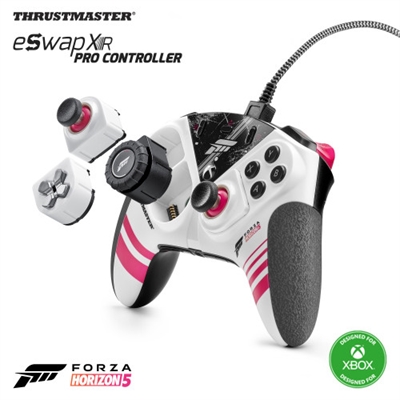 Thrustmaster 4460262 Gamepad ESWAP X R PRO CONTROLLER FORZA HORIZON 5 EDITION. Con un módulo de volante intercambiable. Dos módulos de mini - sticks intercambiables. Dos módulos de empuñaduras intercambiables. Dos gatillos intercambiables.Un módulo de sticks intercambiables Un cable de alimentación. Un destornillador para quitar los módulos. Una bosa de almacenamiento pequeña para destornillador y cable. Manual de instrucciones e información de garantía.