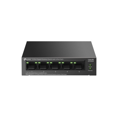 Tp-Link LS105GP TP-Link LiteWave LS105GP. Tipo de interruptor: No administrado. Puertos tipo básico de conmutación RJ-45 Ethernet: Gigabit Ethernet (10/100/1000), Cantidad de puertos básicos de conmutación RJ-45 Ethernet: 5. Tabla de direcciones MAC: 2000 entradas, Capacidad de conmutación: 10 Gbit/s. Estándares de red: IEEE 802.1p, IEEE 802.3ab, IEEE 802.3af, IEEE 802.3at, IEEE 802.3i, IEEE 802.3u, IEEE 802.3x. Voltaje de entrada DC: 53.5 V. Energía sobre Ethernet (PoE)