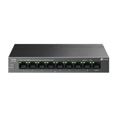 Tp-Link LS109P 63 W de potencia PoE. 8 puertos PoE+ Gigabit compatibles con 802.3af/at alimentan fácilmente dispositivos como cámaras IP, puntos de acceso y teléfonos IP a través de un único cable. Cada puerto PoE admite hasta 30 W de salida.*.. Hasta 250 m de transmisión PoE. Con el modo de extensión, la distancia de transmisión PoE alcanza hasta 250 m, ideal para el despliegue de cámaras de vigilancia en grandes áreas.**.. Recuperación automática PoE. Reinicia automáticamente los dispositivos alimentados por PoE que no respondan... Separación de tráfico. El modo de aislamiento permite separar el tráfico de clientes con un solo clic para evitar el snooping y tampering, además de aislar el broadcast storm... Plug and Play. Conectividad instantánea sin necesidad de configuración... Funcionamiento silencioso. El diseño sin ventilador reduce el consumo de energía y garantiza un funcionamiento silencioso, ideal para hogares o empresas... Hardware fiable. Carcasa metálica duradera y diseño para montaje en sobremesa o pared adaptado a distintos entornos... Especificaciones:.. CARACTERíSTICAS DE HARDWARE.. Interfaz:. - 9 Puertos RJ45 10/100 Mbps (8x 10/100 Mbps Puertos PoE+ 802.3af/at). - AUTO Negociación. - AUTO MDI/MDIX. Medios de Red:. - 10BASE-T: Cable UTP de categoría 3, 4, 5 (máximo 100 m); EIA/TIA-568 100O STP (máximo 100 m).. - 100BASE-TX: Cable UTP de categoría 5, 5e (máximo 100 m); EIA/TIA-568 100O STP (máximo 100 m).. Cantidad de VentiladoresSin ventilador. Instalación:. - Sobremesa. - Montaje en pared. Fuente de AlimentaciónAdaptador de corriente externo (salida: 53,5 V CC / 1,31 A). Puertos PoE (RJ45):. - Estándar: compatible con 802.3 af/at. - Puertos PoE: Puertos 1-8, hasta 30 W de salida PoE por puerto. - Fuente de alimentación: 63 W. Indicador de LED:. - Energía. - Enlace/Act. - Estado PoE. - PoE MAX. Dimensiones171x98x27 mm. Consumo de Potencia Máximo:. - 3,67 W (220 V/50 Hz sin PD conectada). - 73,24 W (220 V/50 Hz con DP de 63 W conectada). Disipación máxima de calor:. - 12,48 BTU/h (220 V/50 Hz sin PD conectada). - 249 BTU/h (220 V/50 Hz con DP de 63 W conectada).. RENDIMIENTO.. Capacidad de Conmutación1.8 Gbps. Tasa de Reenvío de Paquetes1.3392 Mpps. Tabla de Direcciones MAC2K. Jumbo Frame1.5 KB.. CARACTERíSTICAS DE SOFTWARE.. Características Avanzadas:. - Botón de modo de extensión (puertos 1-4/1-8, hasta 250 m de alimentación PoE y transmisión de datos). - Botón de modo de aislamiento (puertos 1-8). - Botón de recuperación automática PoE (Puertos 1-8). - Compatible con PD compatibles con IEEE 802.3af/at. - Autoaprendizaje y autoenvejecimiento de direcciones Mac. - Control de flujo IEEE 802.3x. - Tecnología ecológica. Método de TransferenciaStore and Forward.. OTROS.. CertificacionesCE, FCC, RoHS. Factores Ambientales:. - Temperatura de funcionamiento: 0-40 ? (32-104 ). - Temperatura de almacenamiento: -40-70 ? (-40-158 ). - Humedad de funcionamiento: 10-90% HR sin condensación.. - Humedad de almacenamiento: 5-90% HR sin condensación