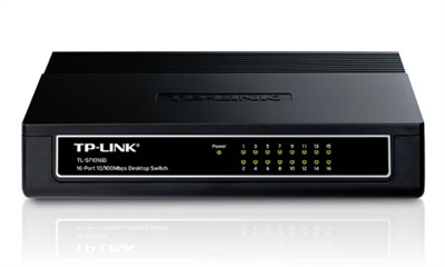 Tp-Link TL-SF1016D TP-LINK 16-Port 10/100Mbps Desktop Switch. Tipo de interruptor: No administrado. Puertos tipo básico de conmutación RJ-45 Ethernet: Fast Ethernet (10/100), Cantidad de puertos básicos de conmutación RJ-45 Ethernet: 16. Bidireccional completo (Full duplex). Tabla de direcciones MAC: 2000 entradas, Capacidad de conmutación: 3,2 Gbit/s. Estándares de red: IEEE 802.3u,IEEE 802.3x. Conector eléctrico: Toma de entrada de CC