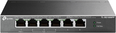 Tp-Link TL-SG1006PP Tl-Sg006ppSwitch Gigabit De Sobremesa De 6 Puertos Con Poe+ De 3 Puertos Y Poe++ De Puerto6× Puertos Rj45 De 0/00/000 MbpsCon Un Puerto Poe++ Y Tres Puertos Poe+, Transfiere Datos Y Energía En Un Único CableFunciona Con Dispositivos Pd Compatibles Con Ieee 802.3Af/At/Bt802.P/Dscp Qos Permite Un Tráfico Fluido Y Sensible A La LatenciaSoporta Potencia Poe De Hasta 30 W Para Cada Puerto Poe+ Y 60W Para El Puerto Poe++Soporta Potencia Poe De Hasta 64 W Para Todos Los Puertos Poe*Hasta 250M De Alcance De Transmisión De Datos Y Energía En Modo De Extensión**La Recuperación Automática Poe Garantiza El Funcionamiento Estable De Los Dispositivos Poe Al Reiniciar Automáticamente Los Dispositivos Pd Desconectados O No ResponsivosConectar Y Usar, Sin Necesidad De Configuración Ni Instalación