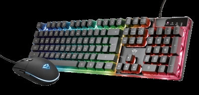 Trust 23482 Teclado iluminado para gaming con un elegante y preciso ratón para gamingA todo colorEl teclado y ratón GXT 838 Azor funciona con todos los PC y portátiles: basta con conectarlos y empezar a jugar. Ajustando el teclado a la altura correcta con los pies de goma antideslizantes ya se puede empezar a jugar a todo color: el teclado se suministra con modos de color LED con brillo ajustable.¡Ponte al mando!El teclado tiene un diseño de tamaño completo, lo que significa que tiene el mejor diseño para un tecleado rápido. Su tecnología contra el efecto fantasma garantiza que puedas jugar de forma rápida y precisa. Tendrás el control, incluso cuando presiones hasta 8 teclas simultáneamente.Modo de juego: activadoEl teclado incorpora 12 teclas multimedia para accesos directos, lo que permite controlar la música o la iluminación del teclado. Incluso puedes reproducir música, realizar una búsqueda o cambiar páginas directamente con las teclas del teclado. El interruptor de modo de juego especial asegura que no se activa accidentalmente el escritorio al pulsar la tecla de Windows: esta se desactiva durante las sesiones de gaming.Respuestas rápidasCon los 6 botones de respuesta y su diseño iluminado, tendrás la victoria en la palma de la mano. Elige la velocidad que desees con el botón de selección de ppp (800-3000 ppp). La secuencia cíclica continua de colores hará que tu equipo sea mucho más vistoso.