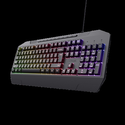 Trust 24998 Teclado gaming iluminado con ondas arco iris RGB y teclas de tacto suave. Un teclado diseñado para ti. Sus patas de goma antideslizante regulables en 3 posiciones impiden que se mueva y te permiten dejarlo a la altura perfecta. No hay nada más irritante que pulsar accidentalmente la tecla de inicio en mitad de una partida. La tecla de juego del Evocx permite desactivar esta función para que puedas jugar sin preocuparte de nada. Reproducción, pausa, ajuste del volumen y mucho más con 12 teclas multimedia especiales que permiten controlar fácilmente todo lo que quieras hacer con solo pulsar un botón. Está claro que los teclados ruidosos no le gustan a todo el mundo. Por este motivo, las suaves teclas del Evocx emiten un sonido amortiguado que resulta perfecto para jugar sin distracciones ni ruidos.El lugar donde juegas tiene que molar tanto como tú, y por eso este teclado incorpora una iluminación RGB genial con los colores del arcoíris. Gracias a sus modos espectro, carrera de olas y respiración cíclica y sus 6 zonas de color personalizables, te resultará muy fácil encontrar el estilo que mejor se adapte a ti.