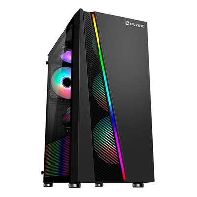 Unyka 511301 ESPECIFICACIONES:PRODUCTO:  -Caja ATX Glayze Black PN:511301TIPO CHASIS -ATXDIMENSIONES -346 (L) x 201 (W) x 431 (H) mmPESO -3,980 kgCOLOR -NegroMATERIAL -SGCC 0,5 mm / ABS / Cristal TempladoPANEL LATERAL -Cristal TempladoVENTILADOR -Incluye 1 x RGB 120 mmSLOT DE EXPANSIÓN -7 NormalBAHÍAS 5,25” INT/EXT -0 / 0BAHÍAS 3,5” INT/EXT -2 / 0BAHÍAS 2,5” SDD INT/EXT -1 / 0CONECTOR -2 x USB 2.0 / 1 x USB 3.0MICRÓFONO / HD AUDIO -Si / SiADMITE FUENTE DE ALIMENTACIÓN -ATXFILTRO ANTIPOLVO -SiCOMPATIBILIDAD REFRIGERACIÓN AIRE -SiCAPACIDAD MAX DE VENTILADORES -Frontal 3 x (120 mm) o 2 x (140 mm) / Trasera 1 x (120 mm) / Superior 1 x (120 mm)ALTURA MÁX CPU REFRIGERADOR -150 mmANCHURA MAX GPU/PCI CARD -150 mmCOMPATIBILIDAD VGA -Si (Perfil Normal)DIMENSIÓN MÁX ADMITIDA TARJETA GRÁFICA -290 mmTOOL LESS -SiDIMENSIONES -402 (L) x 245 (H) x 475 (W) mmPESO -4,741 kgCUBICAJE -0,0467 m3COLOR -MarrónMATERIAL -CartónCONTENIDO DEL PAQUETE -Caja ATX / Tornillería / VentiladorCERTIFICACIONES -CE / ROHS