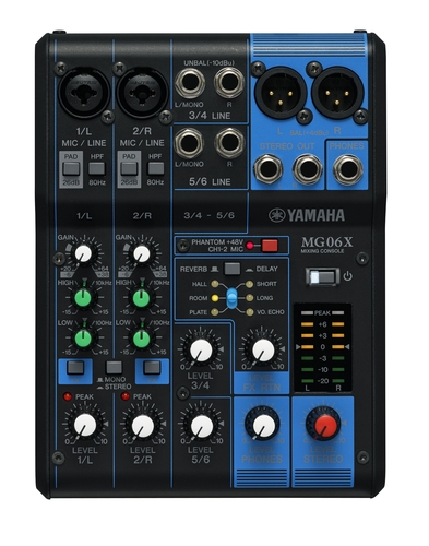 Yamaha MG06X Yamaha MG06X. Cantidad de canales: 6 canales, Cruce (1kHz): -88 dB. Auriculares: 6,3 mm. Consumo energético: 12 W. Ancho: 149 mm, Profundidad: 202 mm, Altura: 62 mm