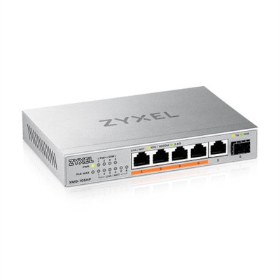 Zyxel XMG-105HP-EU0101F Zyxel XMG-105HP. Tipo de interruptor: No administrado. Puertos tipo básico de conmutación RJ-45 Ethernet: 2.5G Ethernet (100/1000/2500), Cantidad de puertos básicos de conmutación RJ-45 Ethernet: 5. Energía sobre Ethernet (PoE)